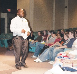 Freshman Orientation <span class="credit">Photo By: Kristyn Sonnenberg | Photo Editor </span><span class="description">Freshman Orientation: Michael Wade, Assistant Director of the Office for Multicultural Student Services, addresses incoming freshman at a mandatory orientation session on Friday, August 28th.</span>
